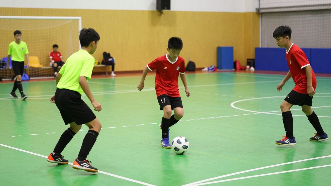 Young players competing on a futsal court