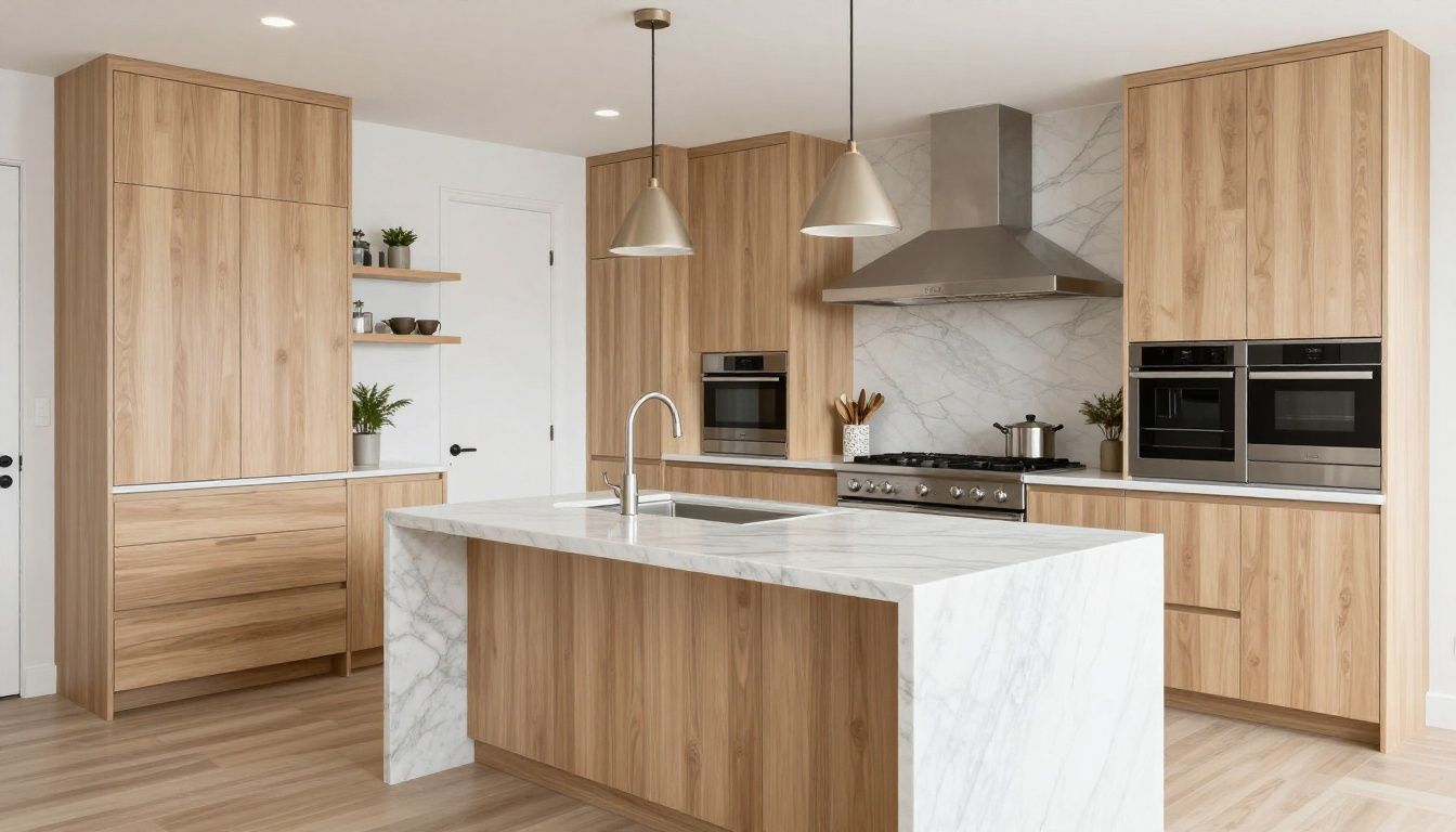 A bright, modern custom kitchen with light wood cabinets and a large marble island, showcasing a high-end renovation.