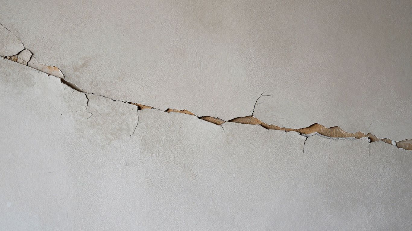 Cracked and bulging plaster wall surface.
