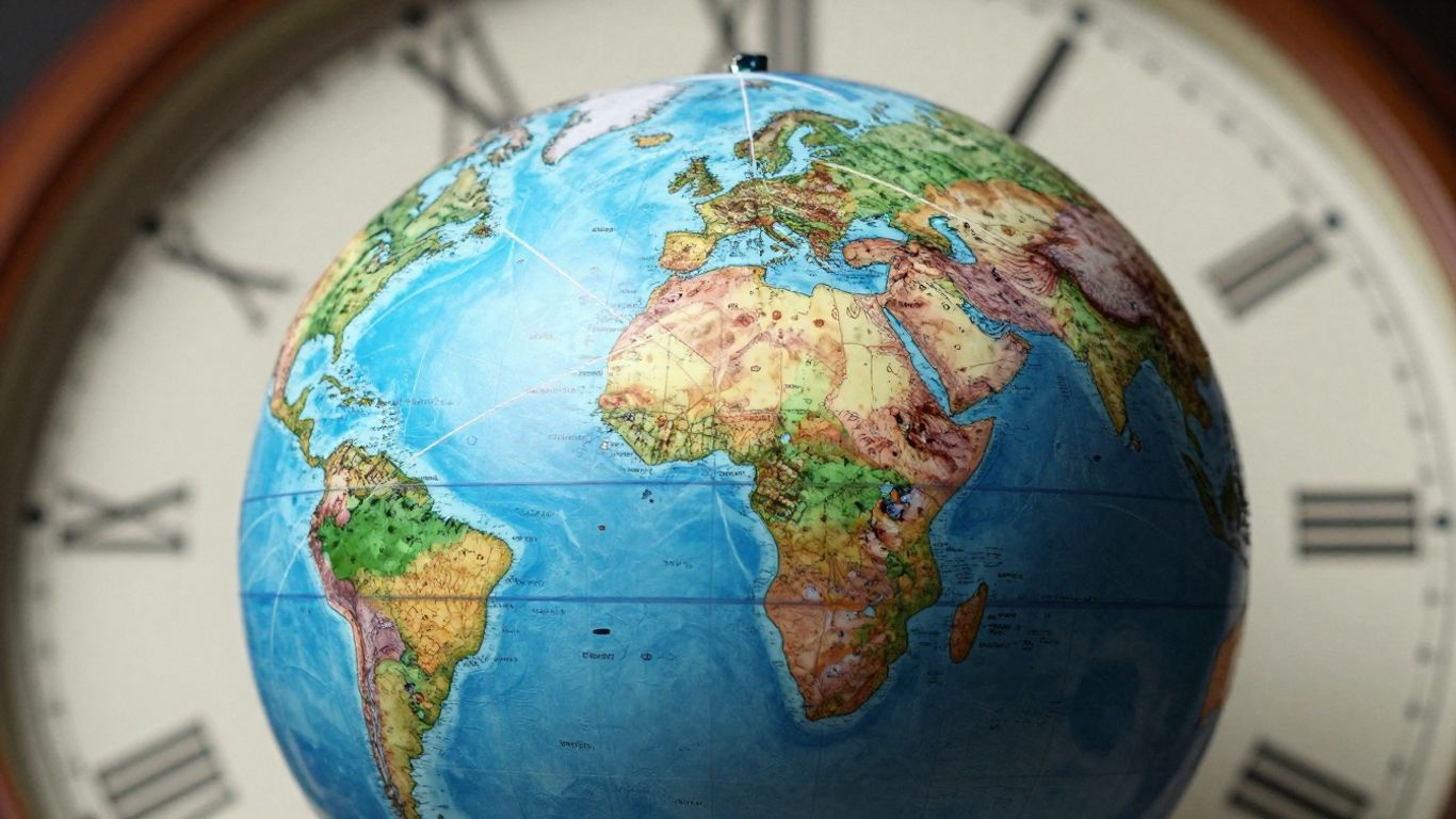 Globe with flight paths and clock