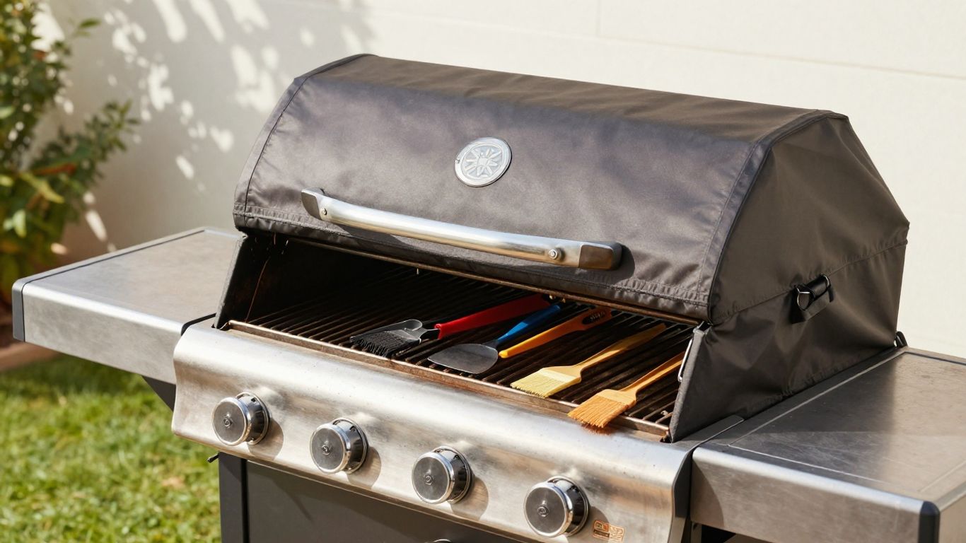 Essential BBQ tools and a grill cover for backyard grilling.