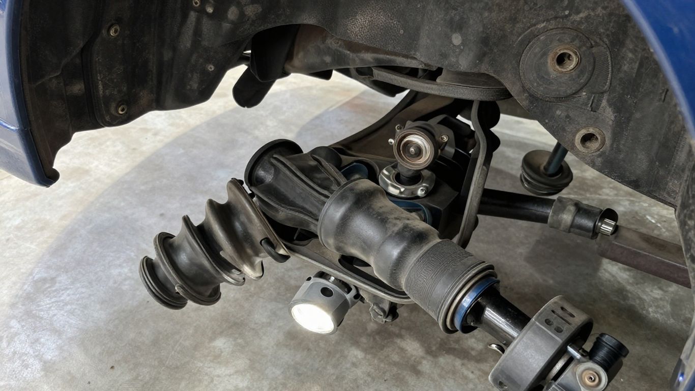 Mechanic inspecting steering rack boots