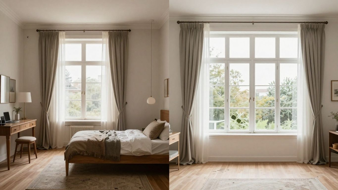 Before and after room transformation with new window treatments.