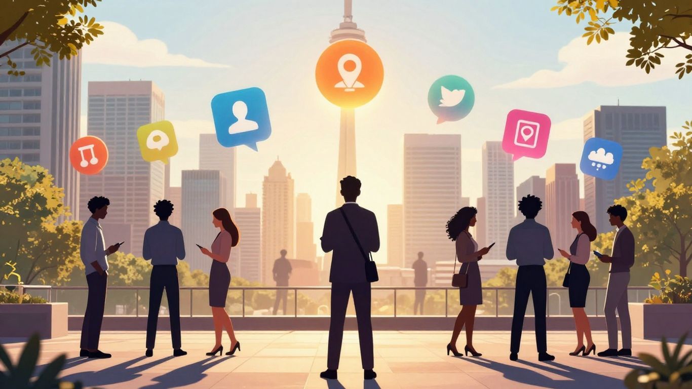 Young professionals in Canada with social media icons.