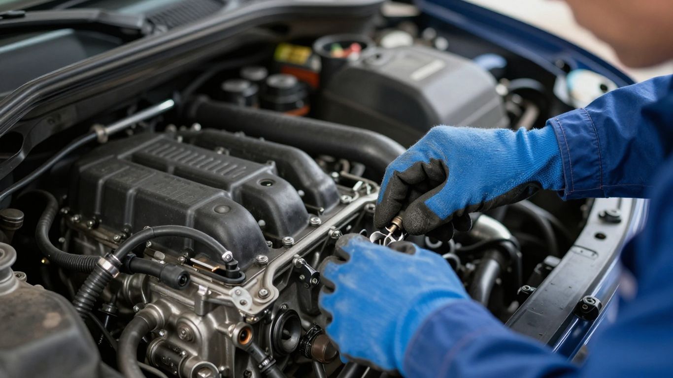 Mechaniker prüft Auto-Motor mit Handschuhen