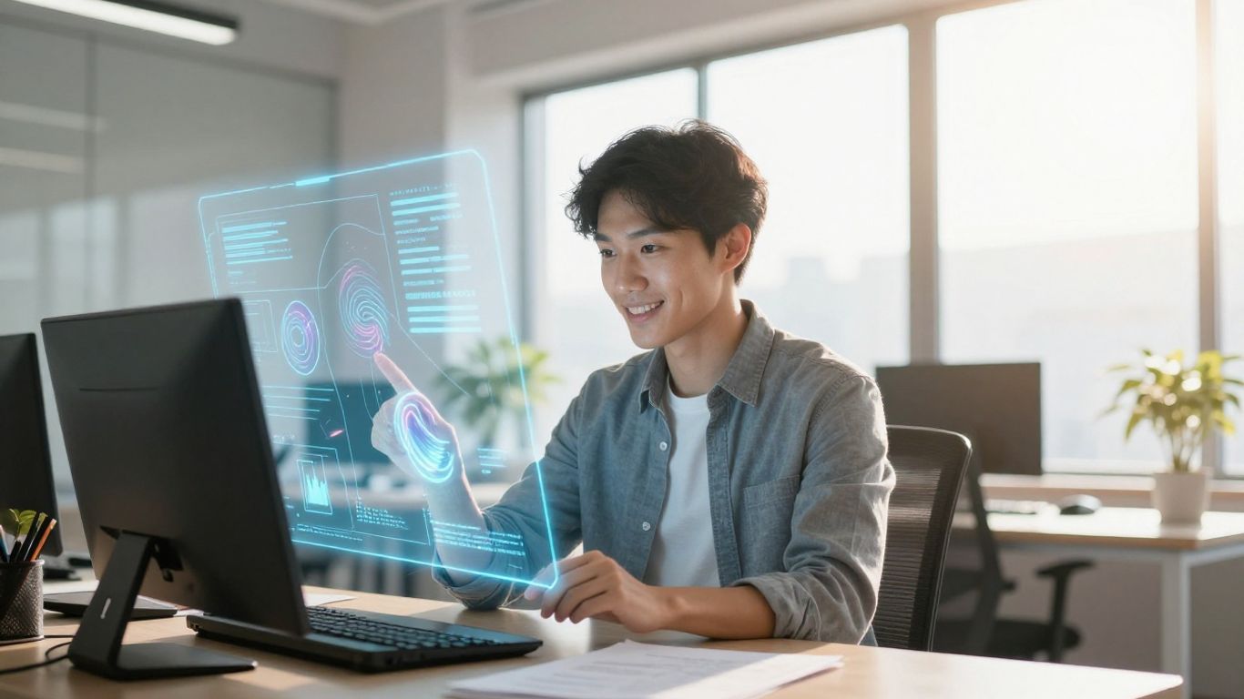 Personne travaillant avec une IA holographique au bureau.