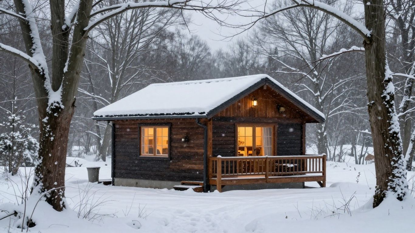 Cozy cabin in snowy landscape during shoulder season.