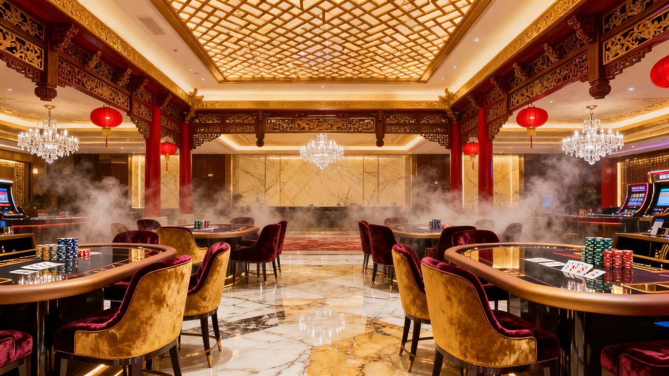 Opulent casino interior with Chinese architectural elements and soft lighting.