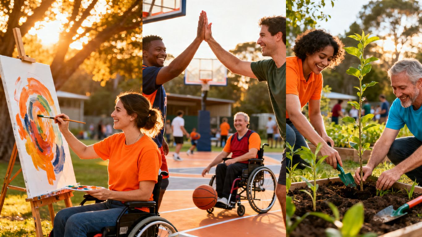 People enjoying diverse NDIS activities with smiles.