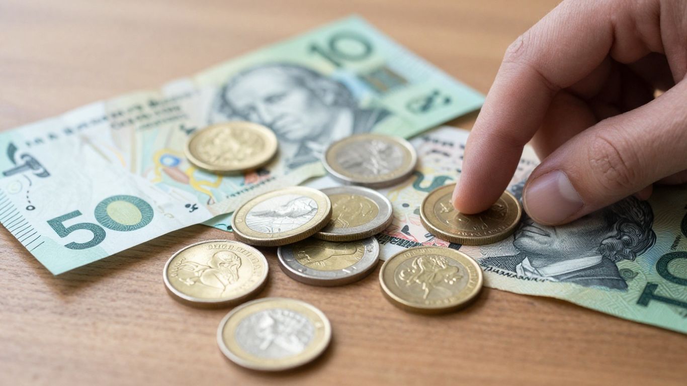 Australian money and coins on a table.