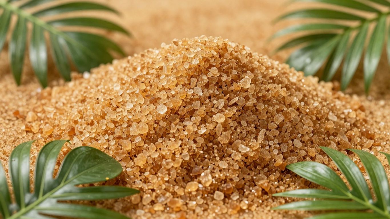 Pile of granular coconut sugar with palm leaves