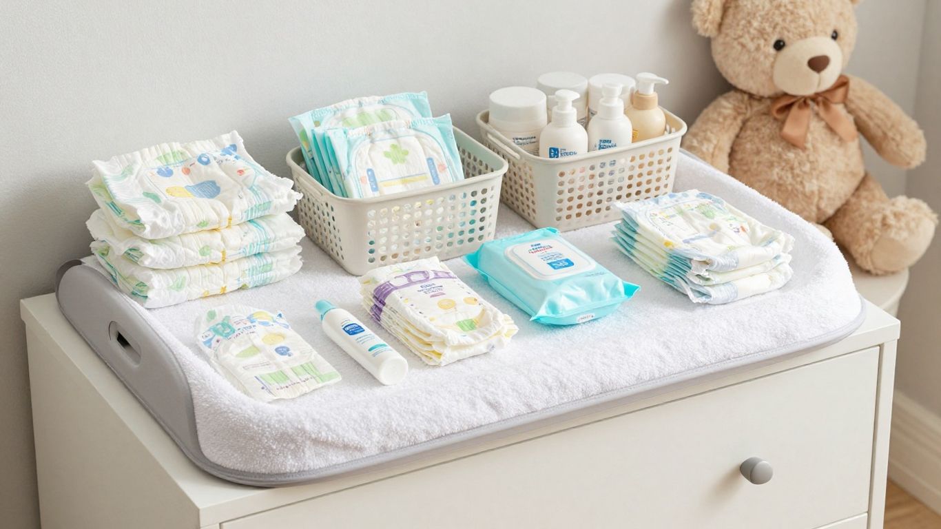 Organized home diaper changing station with supplies.