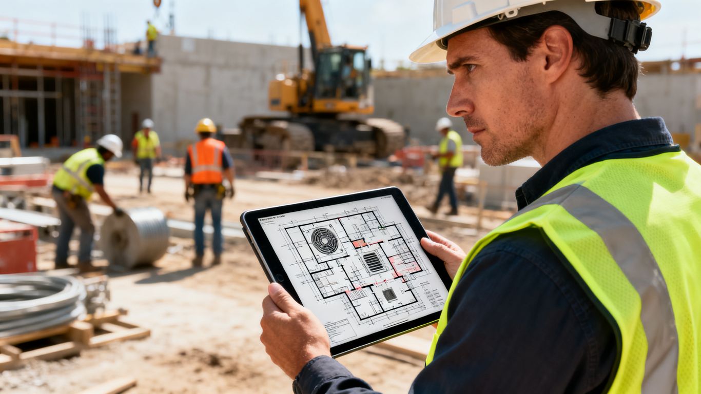 Construction project manager reviewing smart HVAC plans