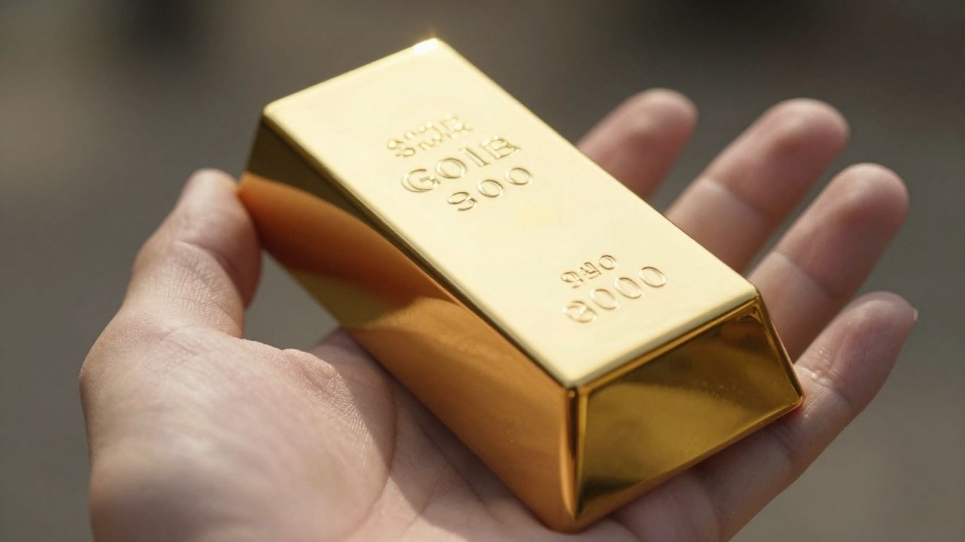 Main d'or tenant une barre d'or brillante.
