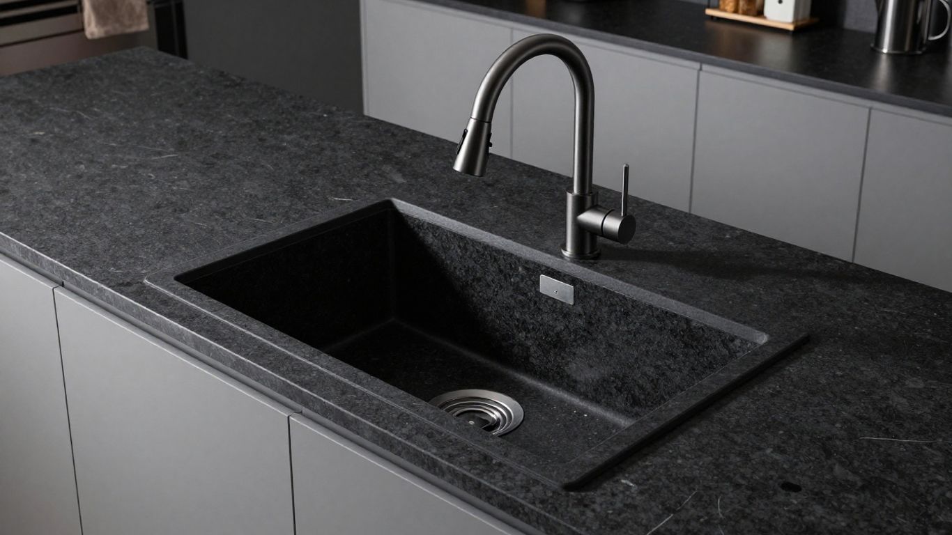 Black granite kitchen sink with modern faucet.