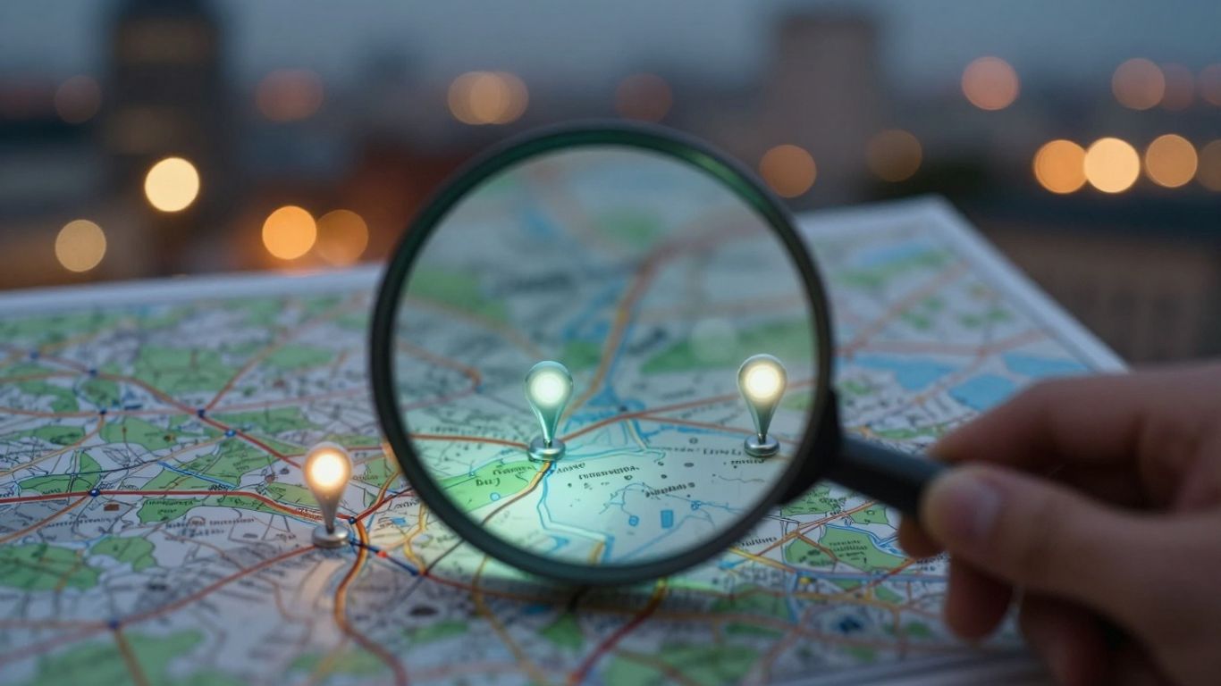 Magnifying glass over local map with glowing pins.
