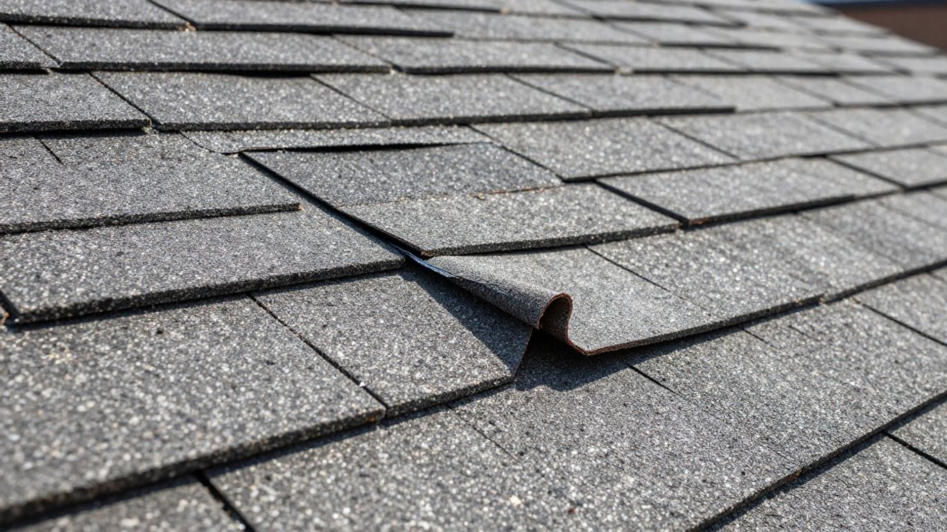 Damaged roof shingle showing wind lift and broken seal.