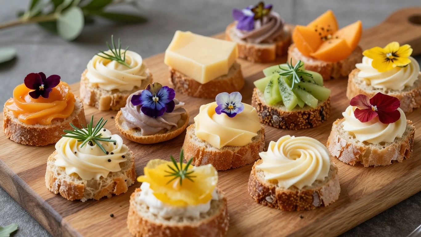 Artisanal butter board with colorful toppings and bread.