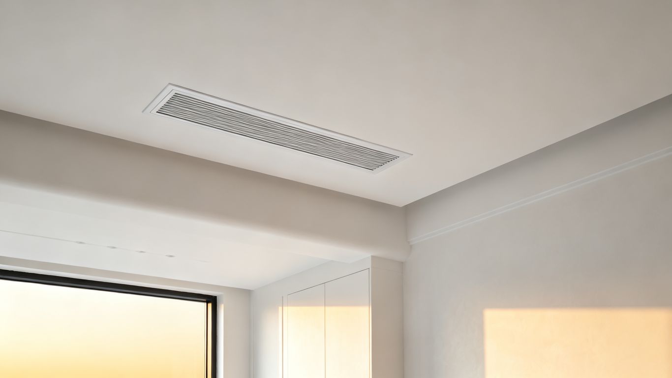 A modern apartment ceiling with sleek ventilation panels