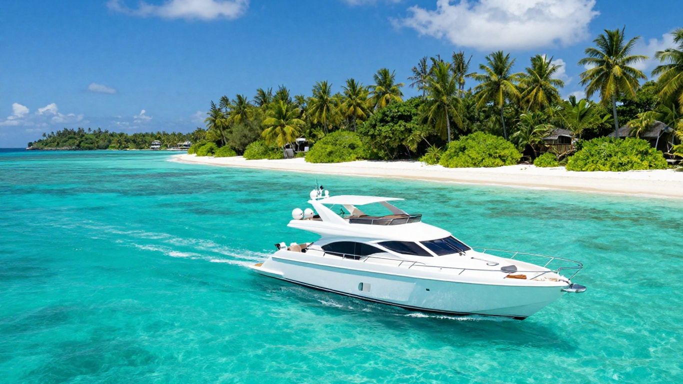 Luxury yacht sailing in clear turquoise Bahamas waters.