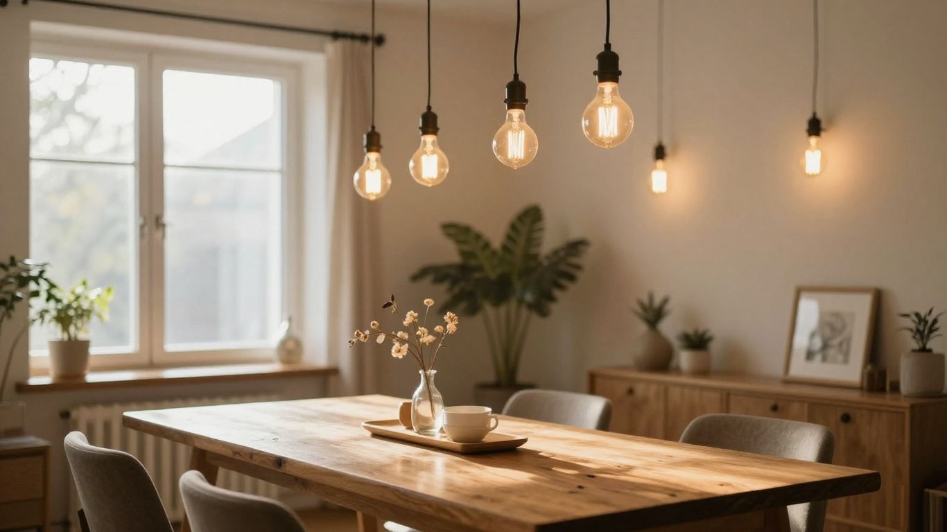 Decorative filament bulbs illuminating a cosy living room.