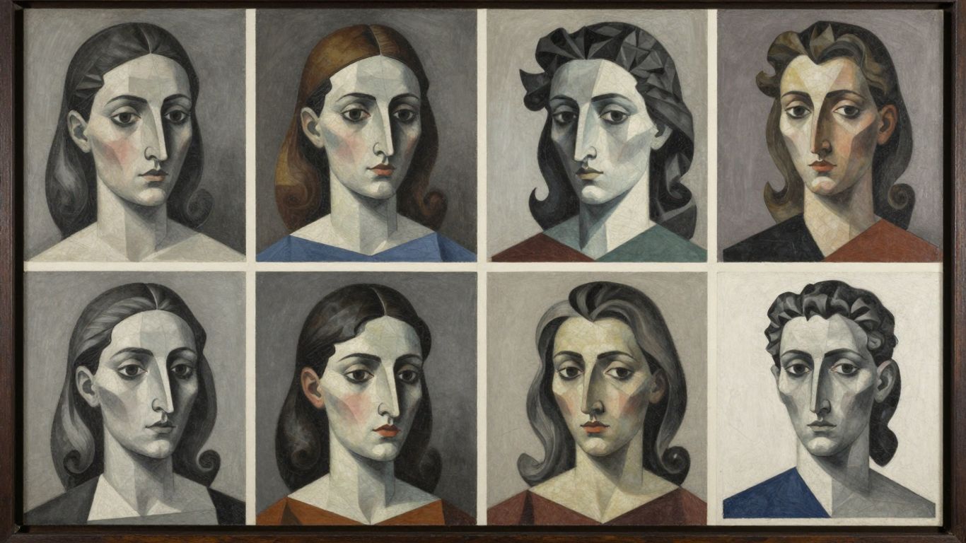 Kubistische Porträts und Stillleben von Picasso und Braque.