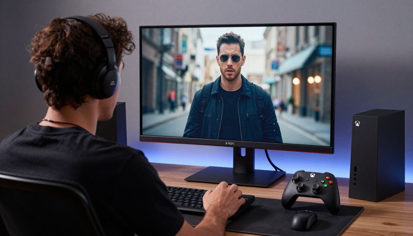 Um jogador entusiasmado testando o console Xbox Series X em um monitor de última geração
