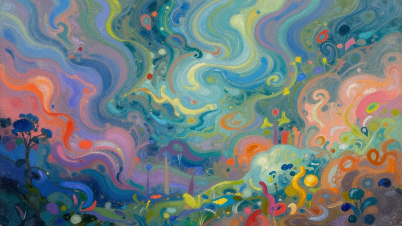 Abstract, colorful, dreamlike landscape generated by AI.