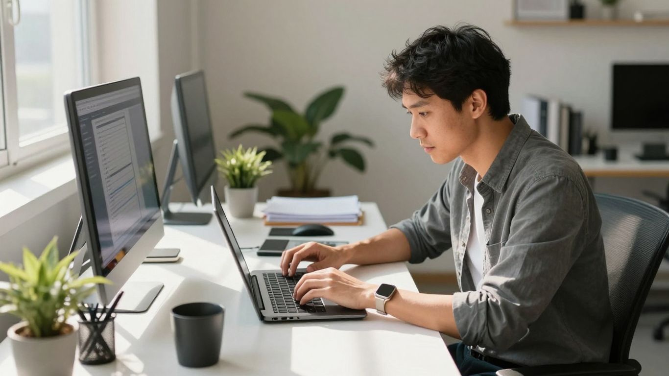 Manager focused on productive work at a clean desk.