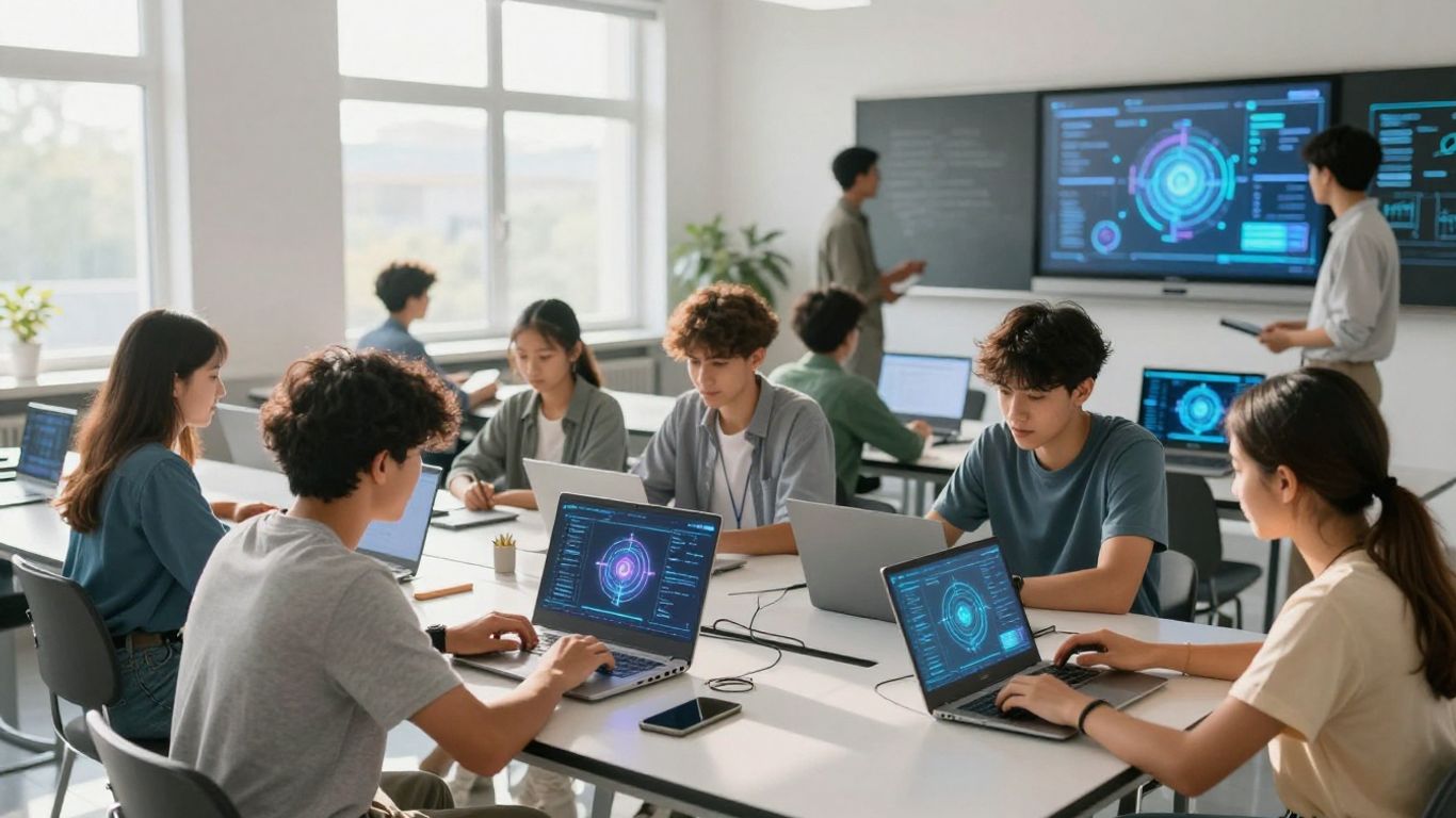 Students using advanced technology in a modern classroom.