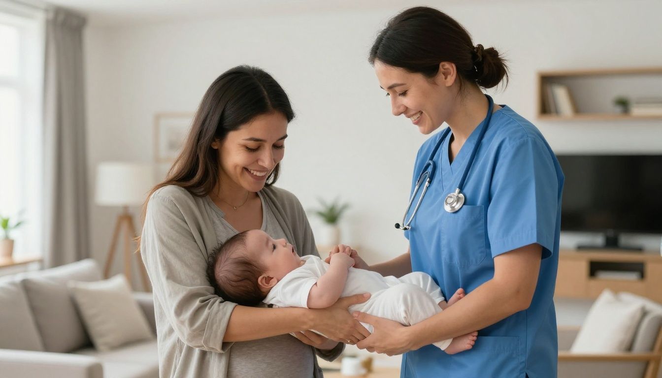 A mother and a female nurse stand together smiling warmly in a brightly lit living room, looking down at a baby in the mother's arms, conveying a sense of partnership and trust.