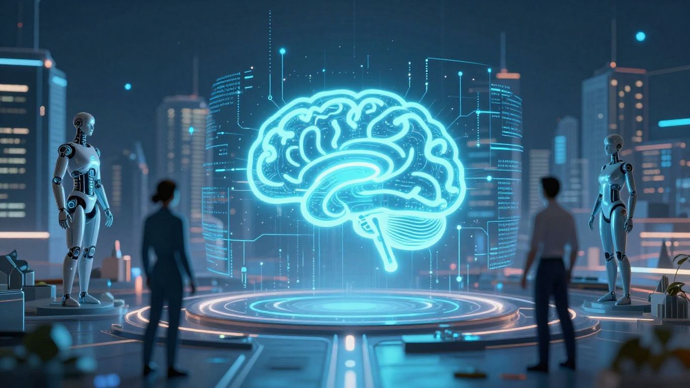 Robots and humans interacting with AI in a futuristic support center.