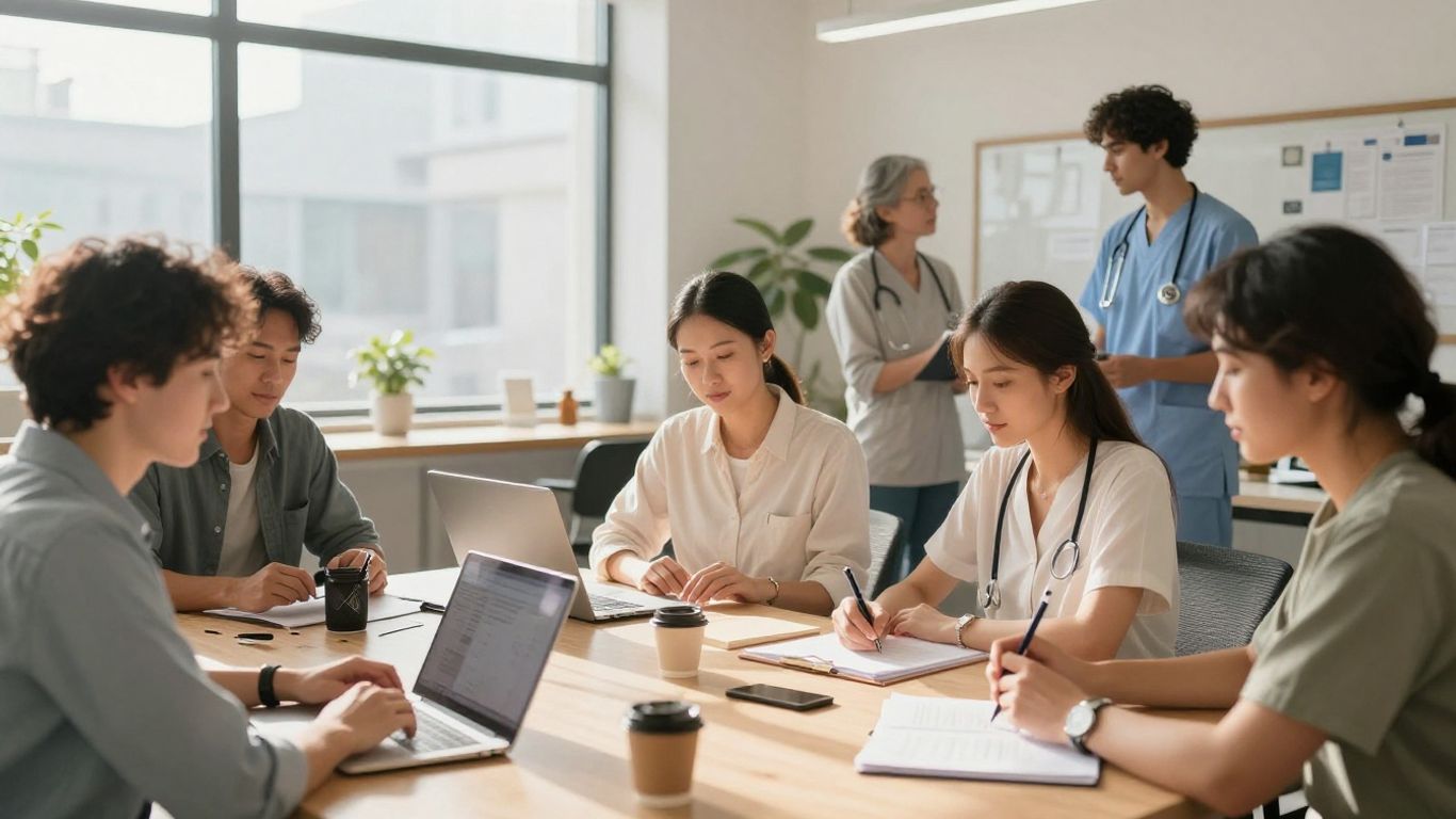 Oameni la muncă în diverse medii profesionale.