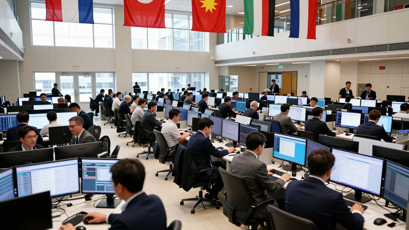 Traders watching screens on a busy forex trading floor.