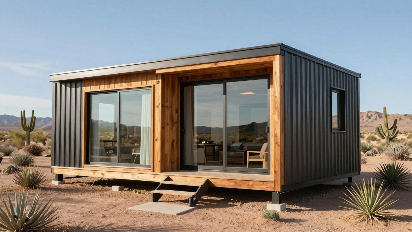 Modern tiny home in the Arizona desert landscape.