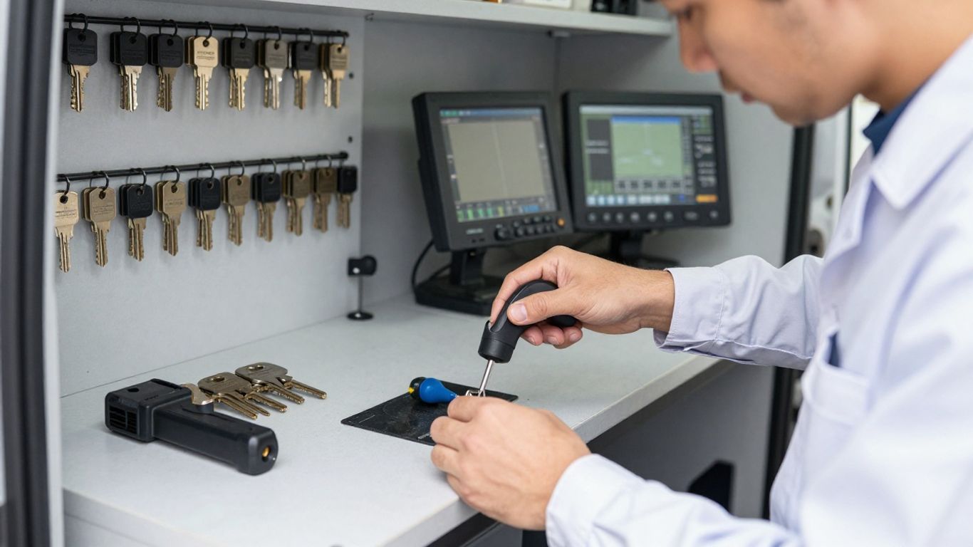 A professional locksmith working on a vehicle door