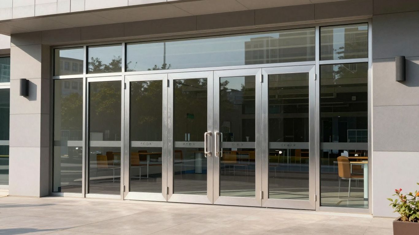 Modern school entrance with aluminium doors and glass panels.