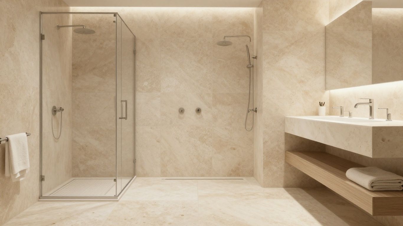 Ivory travertine bathroom floor and shower design sketch.