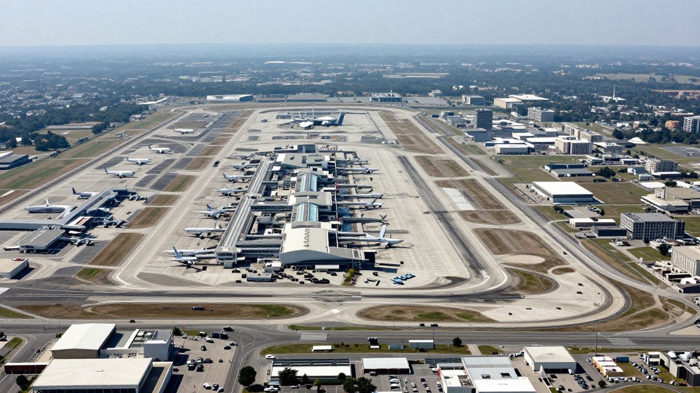Aerial view of a large US airport with runways and terminals.
