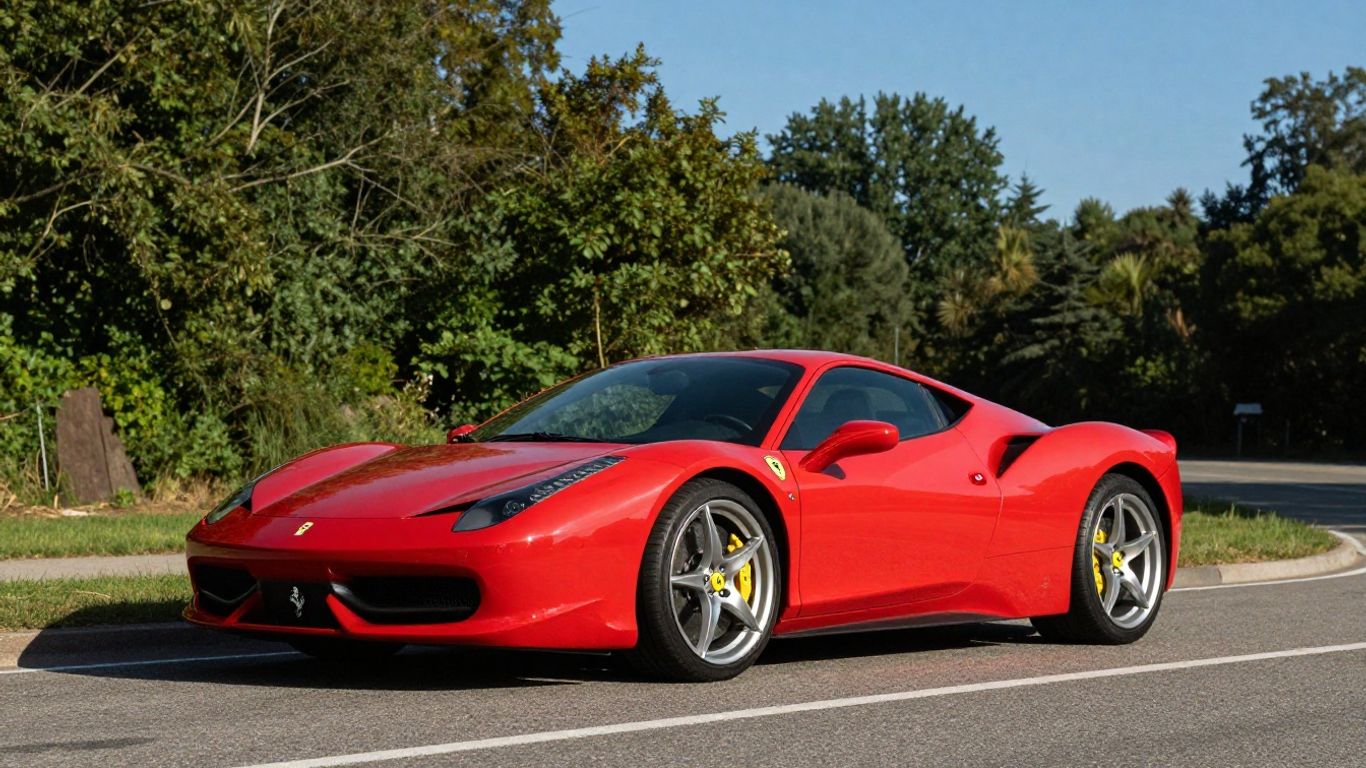 Red Ferrari 458 Italia on a scenic road.