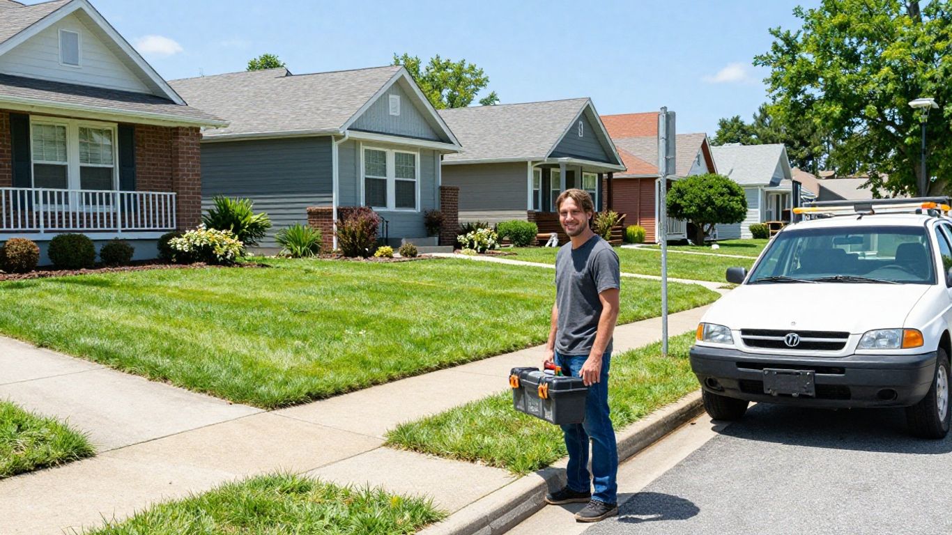 Homeowner and service vehicle in a sunny neighborhood.