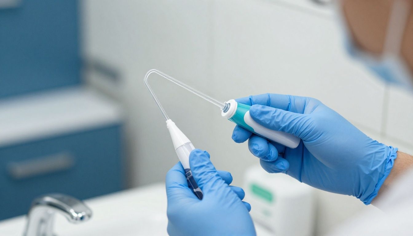 A person gently cleaning their All-on-4 dental implants with a water flosser in a bright, clean bathroom.