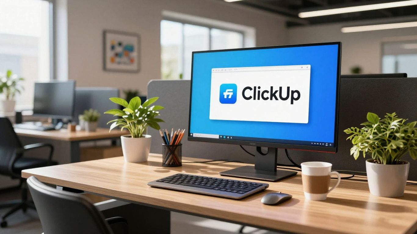 ClickUp logo on a modern office monitor.