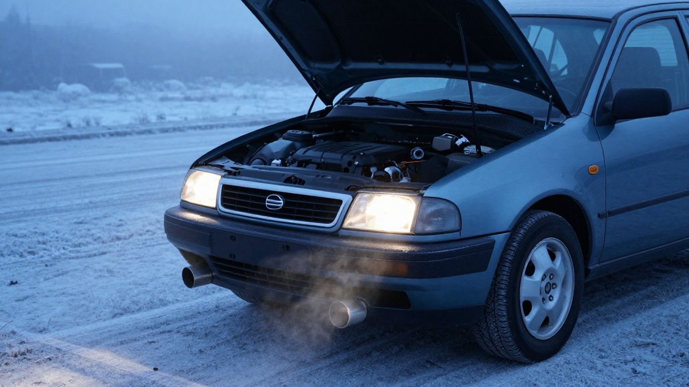 Cold diesel engine starting on winter morning