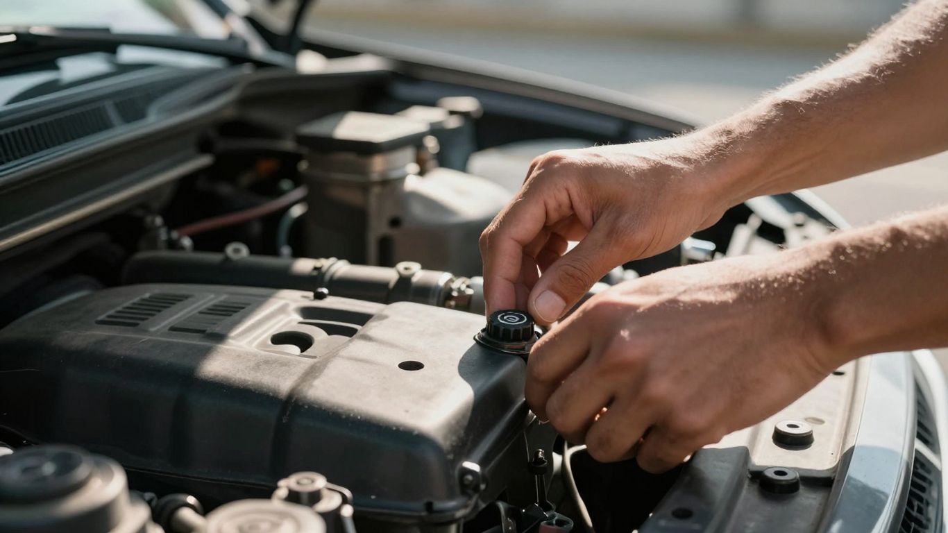 Person inspiziert Motor eines Gebrauchtwagens