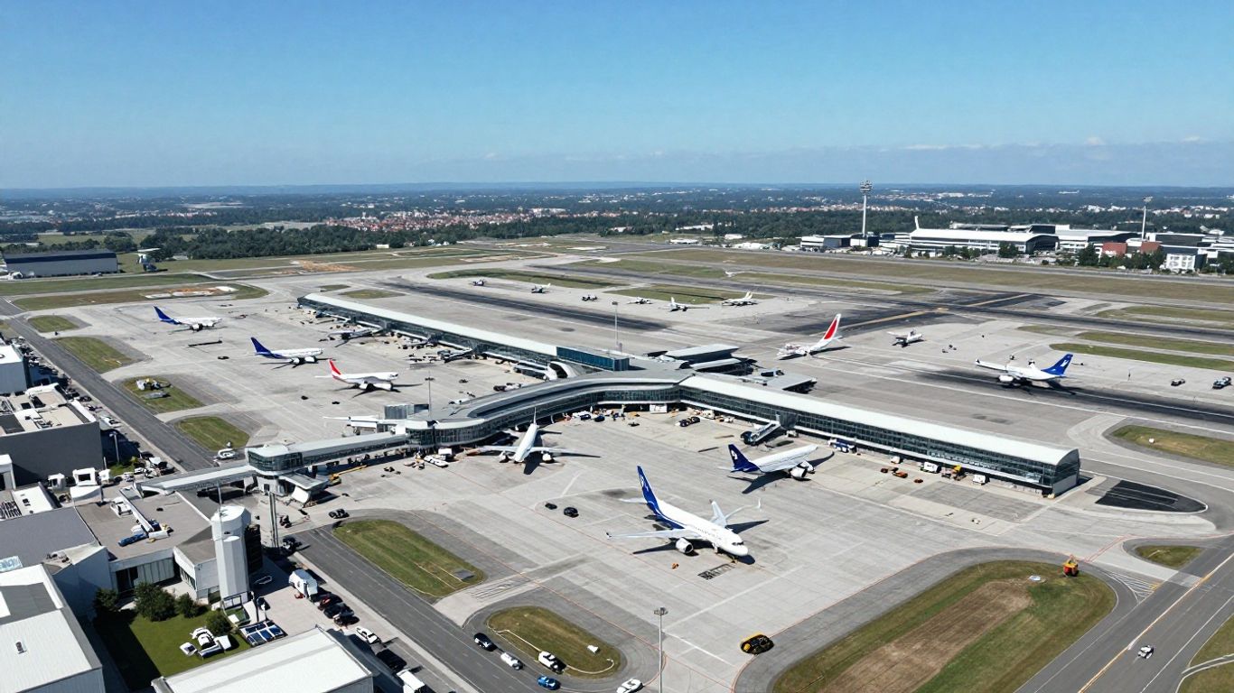 Aerial view of a French airport with planes and terminals.