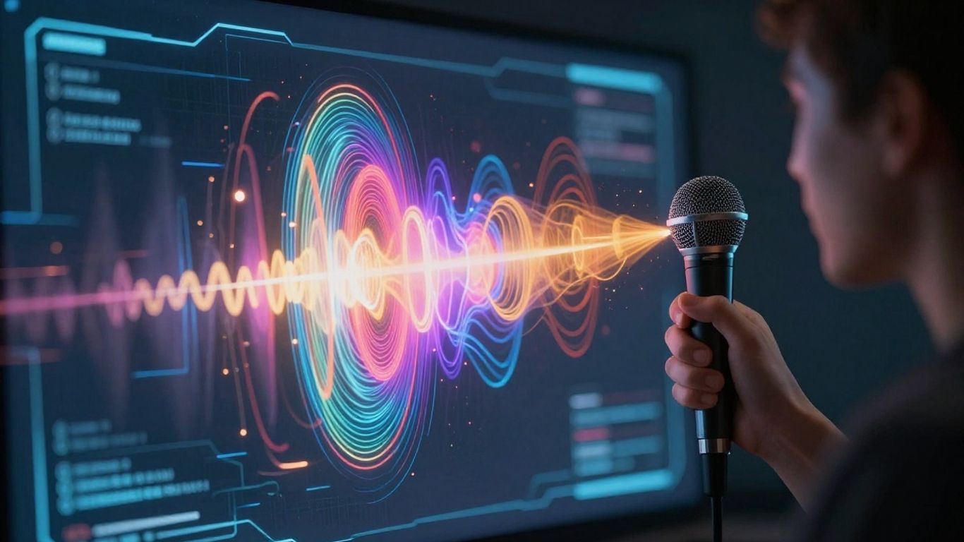 Person with microphone creating AI video visuals