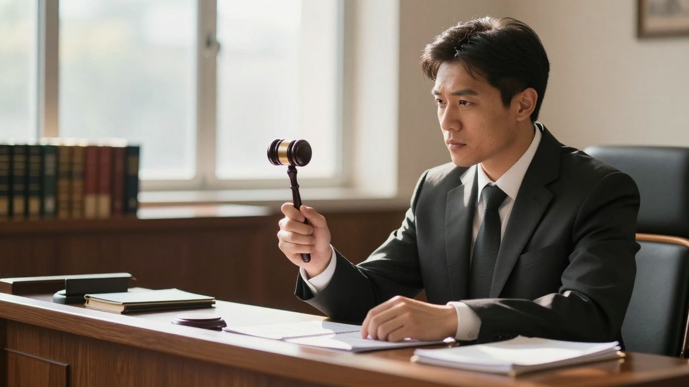 Lawyer in courtroom defending a traffic ticket case.