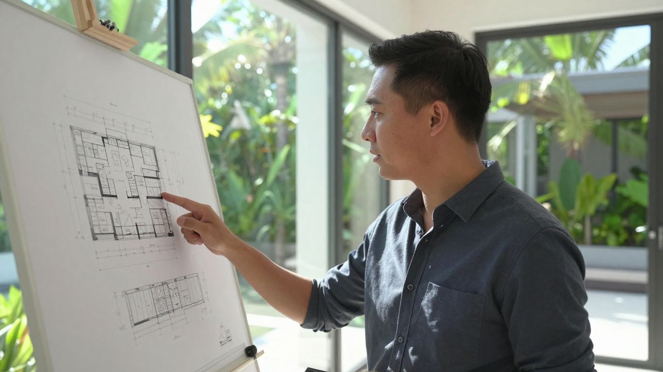 Real estate agent showing villa plans in Phuket.