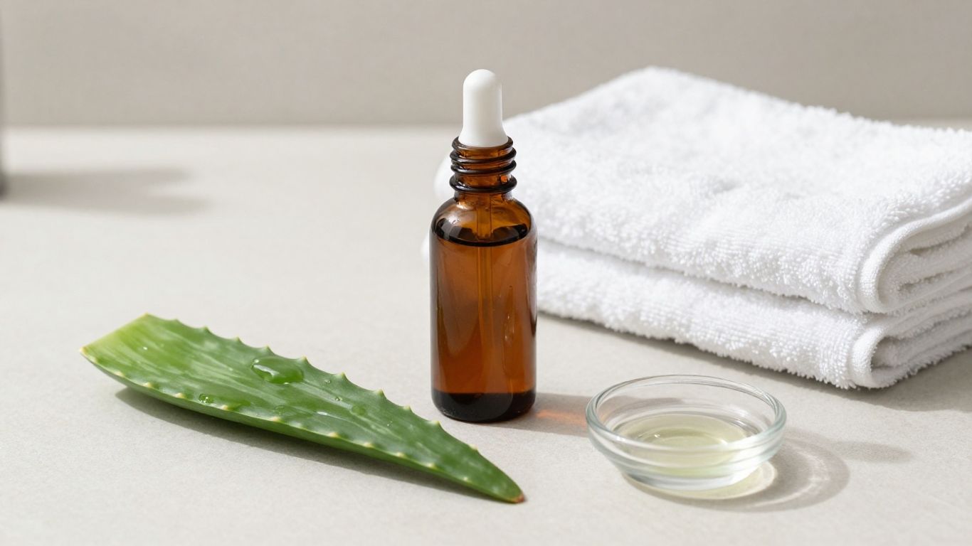 Open lubricant bottle beside aloe leaves